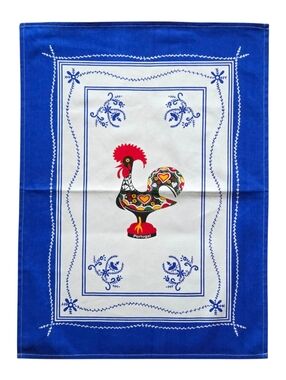 Portugal Folk Art Souvenir Tea Kitchen Towel Rooster Barcelos Cotton Blue White